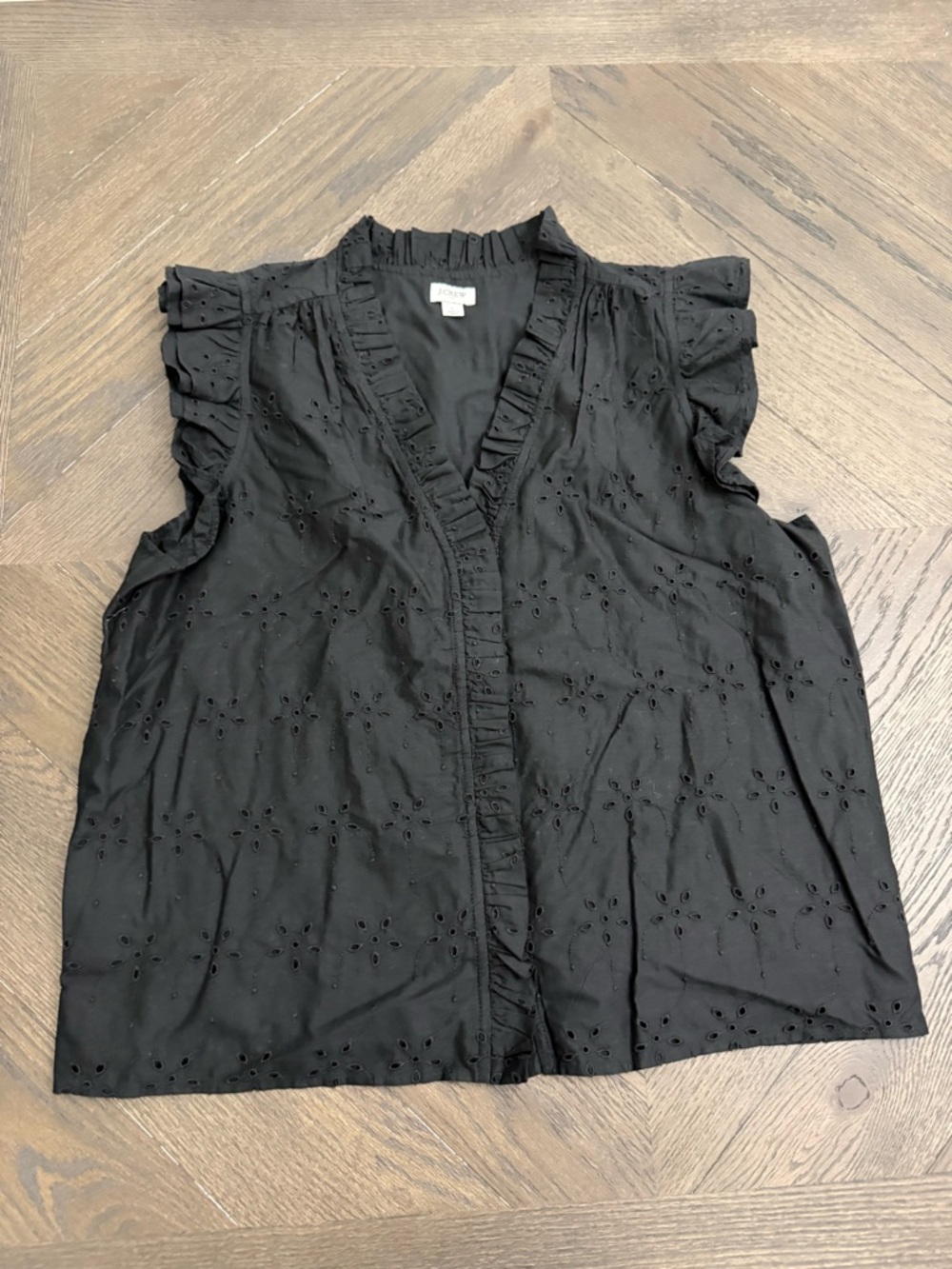 J. Crew Black Eyelet Ruffle-Trim Flutter Sleeve Blouse